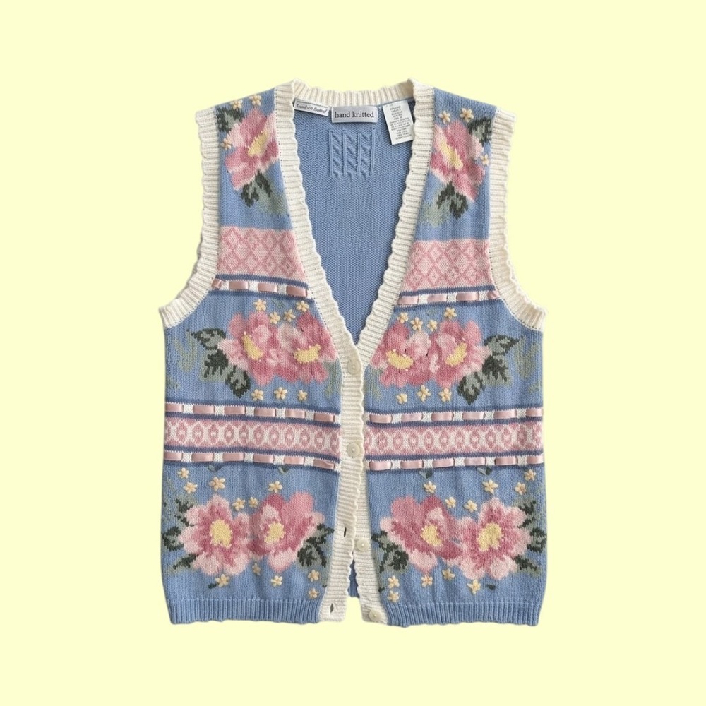 Cottagecore Floral Knit Sweater Vest Blue Pink Hand Embroidered MEDIUM